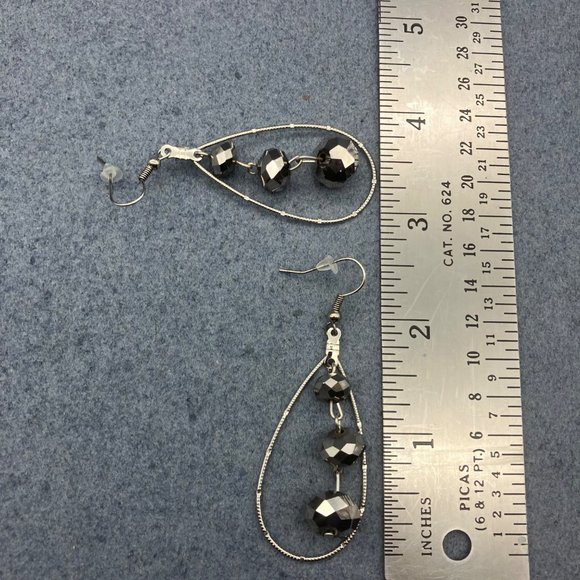 Dangle Pierced Earrings Silver Textured Teardrop Gunmetal Faceted Triple Bead - Picture 5 of 5